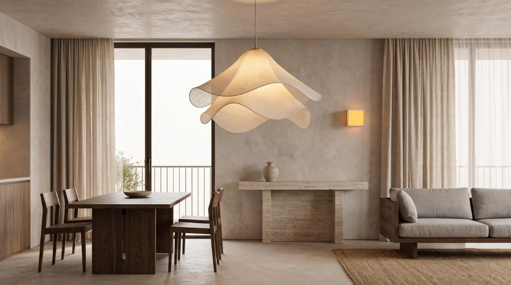 Dining and living area with a sculptural wave-shaped pendant above a wooden table