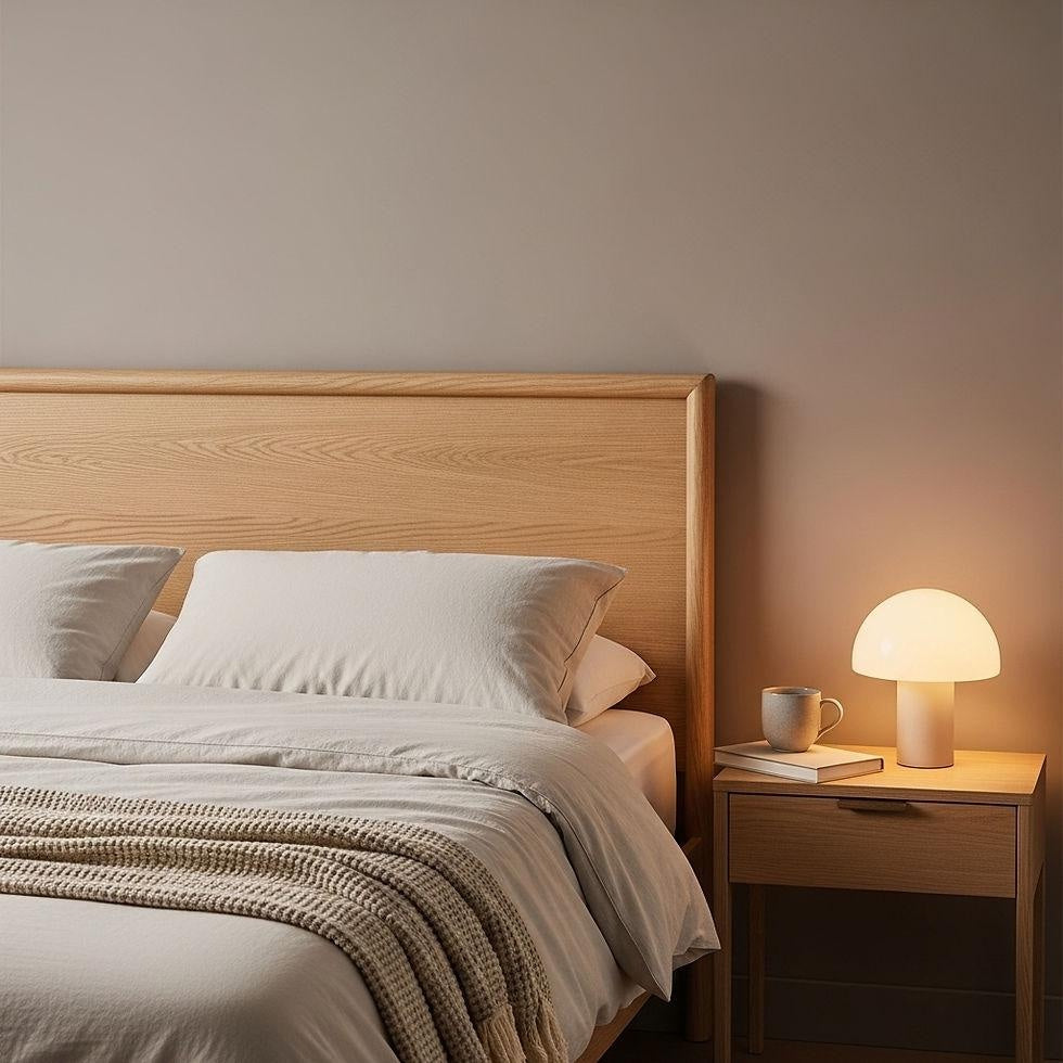 Bedroom with an oak bed and a glowing mushroom table lamp on the nightstand