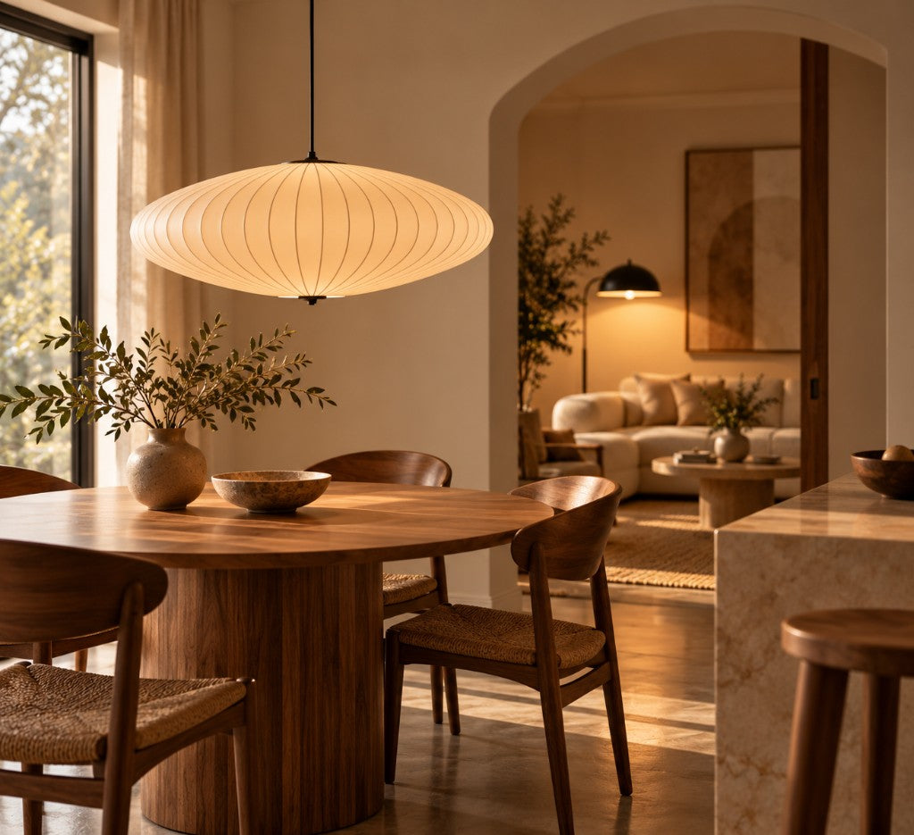 Oval paper pendant light above a round walnut dining table with woven-seat chairs