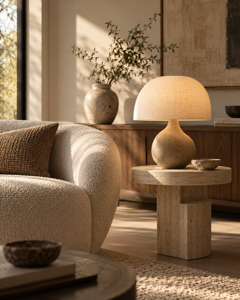 Linen-shade table lamp with a round stone base on a travertine side table beside a boucle sofa